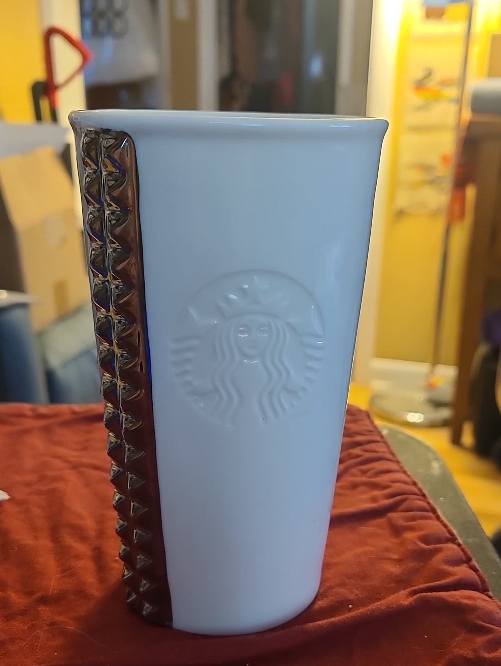 2014 Starbucks White Ceramic Tumbler with Bronze Studded Trim
